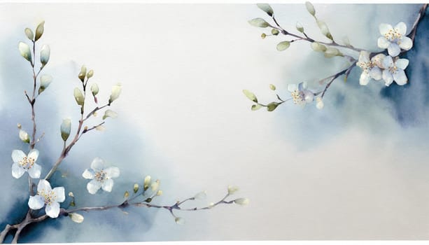 Greeting card template watercolor painting illustration of a delicate brancehs of litle spring flowers blended background. Mockup for invitation card. Generative Ai.