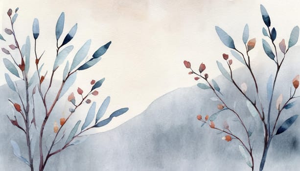 Greeting card template watercolor painting illustration of a delicate brancehs of litle spring flowers blended background. Mockup for invitation card. Generative Ai.