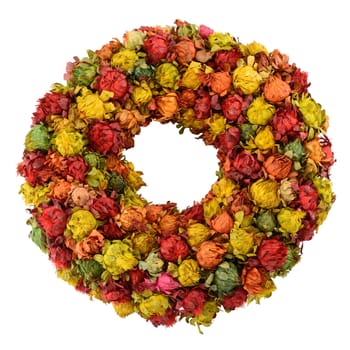 Colourful wreath made from dried saffron flowers isolated on white.