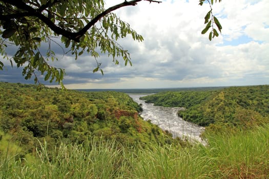 A dark cloudy storm comes in over the lushness of Murchison Falls National Park
