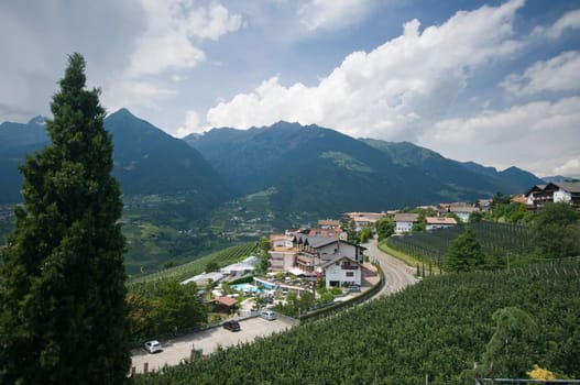 Schenna,Italy  02.July 2013: raised view of the s-shaped main road in Schenna near the city of Merano n South Tyrol