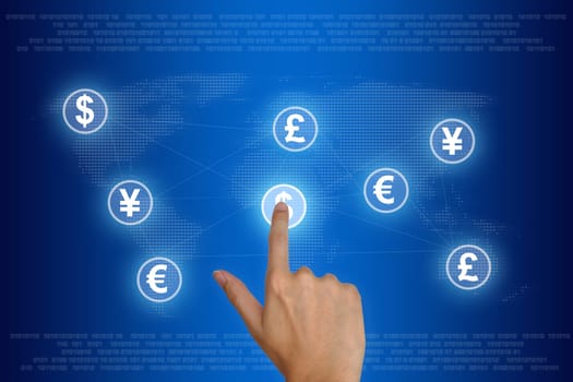 hand pushing currency on global networking concept