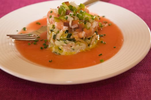 Fresh seafood salad with tomatoe sauce all arround the plate