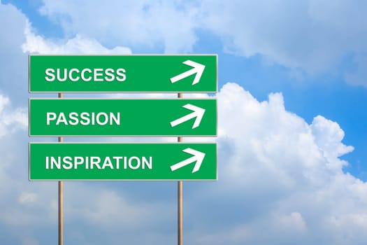 Success, Passion and Inspiration on green road sign with blue sky