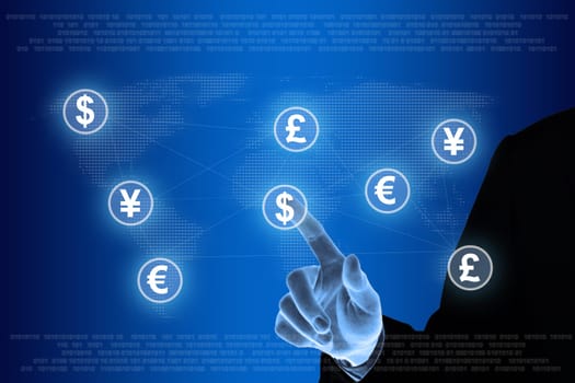 hand pushing currency on networking concept