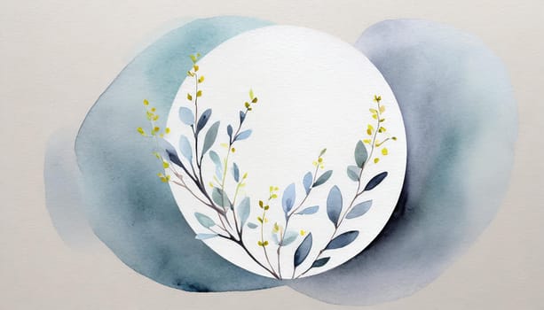 Greeting card template watercolor painting illustration of a delicate brancehs of litle spring flowers blended background. Mockup for invitation card. Generative Ai.