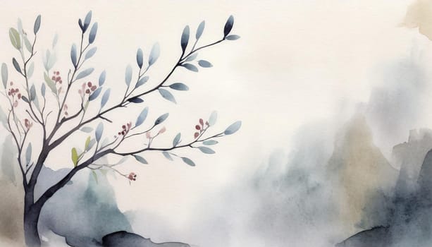 Greeting card template watercolor painting illustration of a delicate brancehs of litle spring flowers blended background. Mockup for invitation card. Generative Ai.