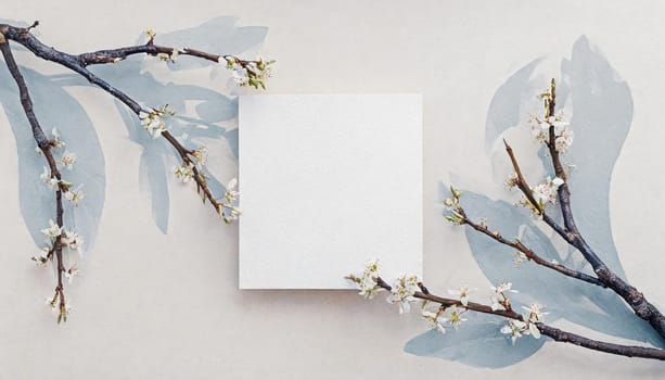 Greeting card template watercolor painting illustration of a delicate brancehs of litle spring flowers blended background. Mockup for invitation card. Generative Ai.