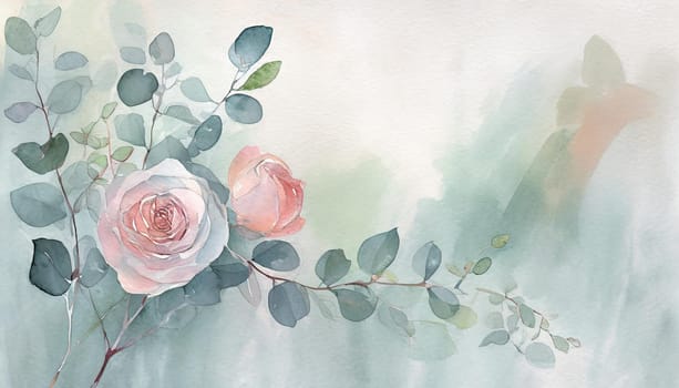 Illustration of a greeting card template watercolor painting of delicate roses and green leaves blended background. Mockup for invitation card. Generative Ai