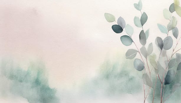 Illustration of a greeting card template watercolor painting of delicate green leaves of eucalyptus branches blended background. Mockup for invitation card. Generative Ai