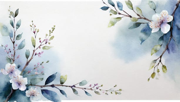Greeting card template watercolor painting illustration of a delicate brancehs of litle spring flowers blended background. Mockup for invitation card. Generative Ai.