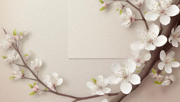 Greeting card template watercolor painting illustration of a delicate brancehs of litle spring flowers blended background. Mockup for invitation card. Generative Ai.