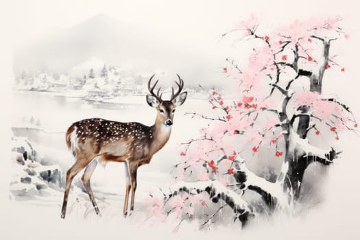 An enchanting winter tableau, showcasing the grace and resilience of wildlife, including deer, birds, and squirrels, in their natural habitats during the frosty season.