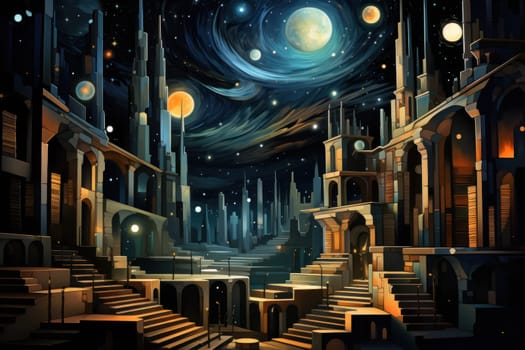 An awe-inspiring depiction of celestial libraries, ancient repositories of boundless universal wisdom.