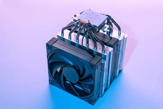 Computer fan. modern powerful cooler for cooling the CPU. Processor cooling system. concept of PC hardware. Air cooler of a personal computer processor close-up. Copy space