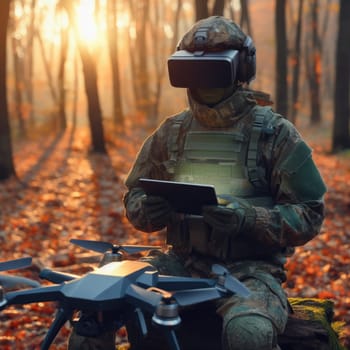 Military soldier controls drone for reconnaissance operation of enemy positions. Concept using quadrocopters in smart war.
