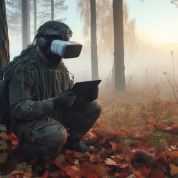 Military soldier controls drone for reconnaissance operation of enemy positions. Concept using quadrocopters in smart war.