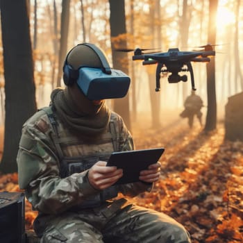 Military soldier controls drone for reconnaissance operation of enemy positions. Concept using quadrocopters in smart war.