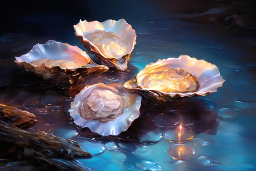 An enchanting depiction of radiant pearl oysters, tenderly nurturing exquisite pearls imbued with enigmatic properties.