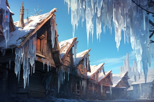 A remarkable portrayal of winter's allure, focusing on the glistening, see-through charm of icicles suspended from rooftops and tree limbs, showcasing their sparkling and crystalline elegance.