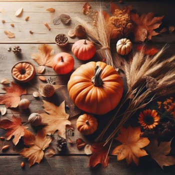 Autumn background from fallen leaves and fruits with vintage place setting on old wooden table. Thanksgiving day concept.