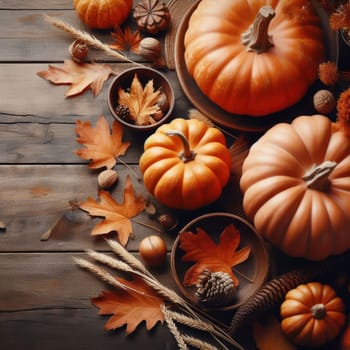 Autumn background from fallen leaves and fruits with vintage place setting on old wooden table. Thanksgiving day concept.