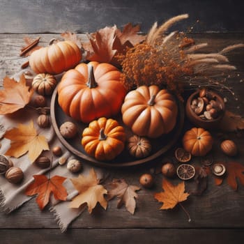 Autumn background from fallen leaves and fruits with vintage place setting on old wooden table. Thanksgiving day concept.