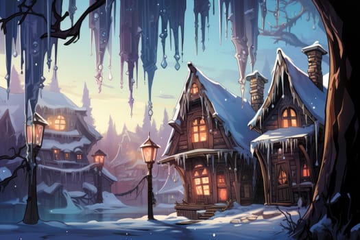 A remarkable portrayal of winter's allure, focusing on the glistening, see-through charm of icicles suspended from rooftops and tree limbs, showcasing their sparkling and crystalline elegance.