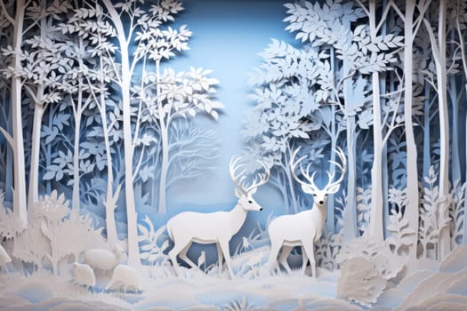 An enchanting winter tableau, showcasing the grace and resilience of wildlife, including deer, birds, and squirrels, in their natural habitats during the frosty season.