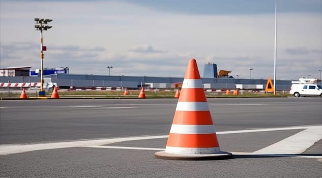 Orange traffic cone on road in the airport, stand outdoor.