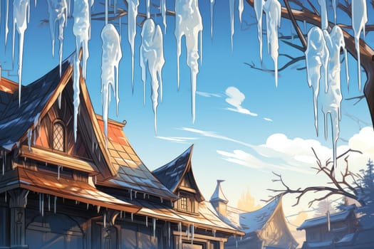 A remarkable portrayal of winter's allure, focusing on the glistening, see-through charm of icicles suspended from rooftops and tree limbs, showcasing their sparkling and crystalline elegance.