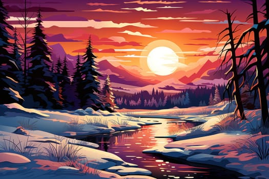 A captivating artistic portrayal of the enchanting winter season, where landscapes are magically transformed into a wonderland adorned with shimmering snow and sparkling icicles.
