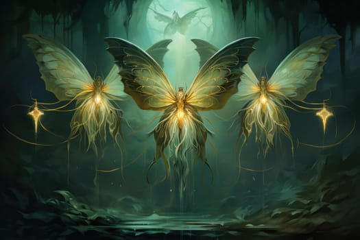 A captivating portrayal of celestial moth guardians, their ethereal presence warding off malevolent spirits with a soft, lunar glow.