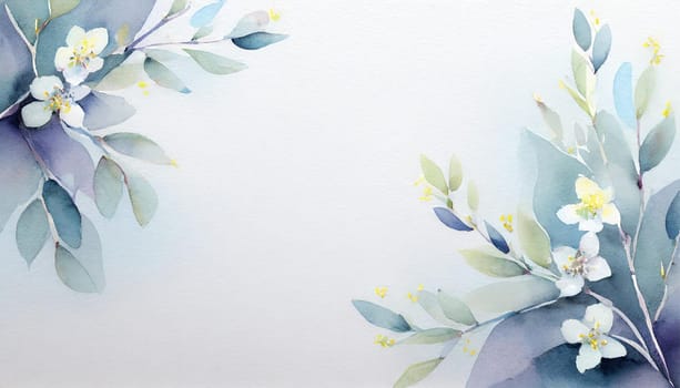 Greeting card template watercolor painting illustration of a delicate brancehs of litle spring flowers blended background. Mockup for invitation card. Generative Ai.