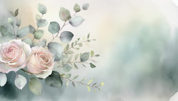 Illustration of a greeting card template watercolor painting of delicate roses and green leaves blended background. Mockup for invitation card. Generative Ai