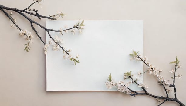 Greeting card template watercolor painting illustration of a delicate brancehs of litle spring flowers blended background. Mockup for invitation card. Generative Ai.