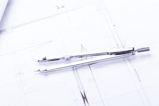 Architectural blueprints and working materials for architects for surveying in the Böro on a scherib tisch