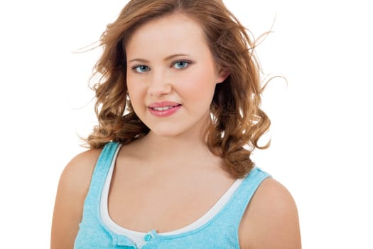 laughing young happy girl girl with curly hair teen isolated portrait