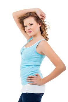 Blonde girl teen with blue eyes and blue shirt laughing portrait isolated