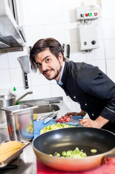 young adult chef in the restaurant kitchen while cooking at the herd preparation