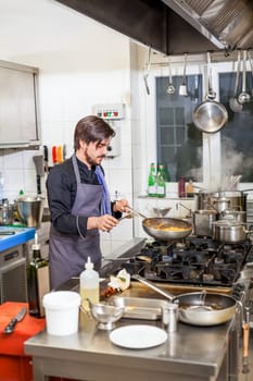 young adult chef in the restaurant kitchen while cooking at the herd preparation