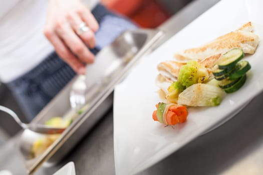 fresh fried fish fillet with vegetables and sauce on a teller restaurant kitchen preparation dinner