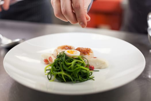 gourmet food with scallops and quail eggs and puree prepared with sauce