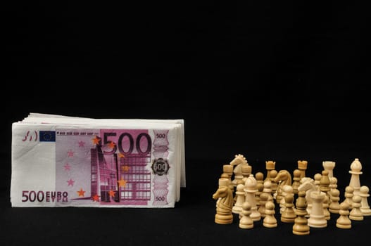 Money Strategy Concept White Chess and Currency on a Black Background