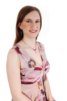 A portrait picture of a beautiful young woman in a nice summer dress.for white background..