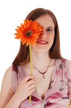 A closeup picture of a young woman holding a daisy for one eye.for white background..