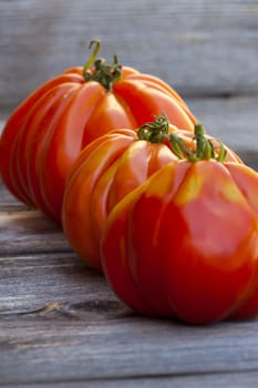 Three large Beefsteak Tomatoes in a Row fresh from the Weekly Market on a old wooden Table