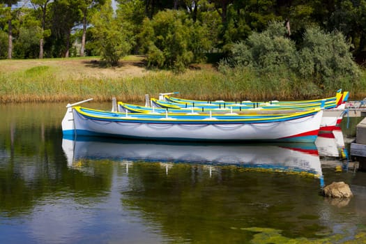 Colorful Row Boats on the Pond of Gruissan in South France