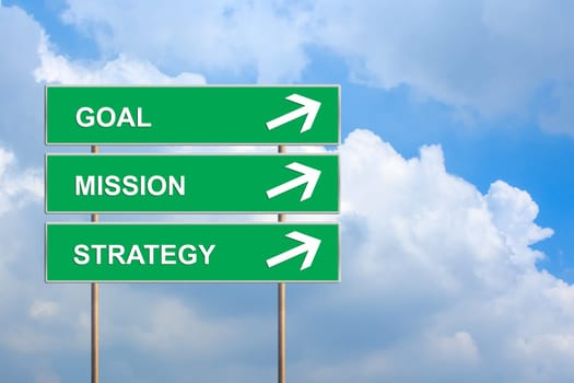 goal mission and strategy on green road sign with blue sky