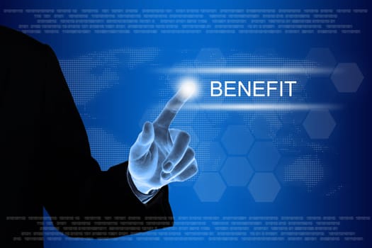 business hand pushing benefit button on a touch screen interface